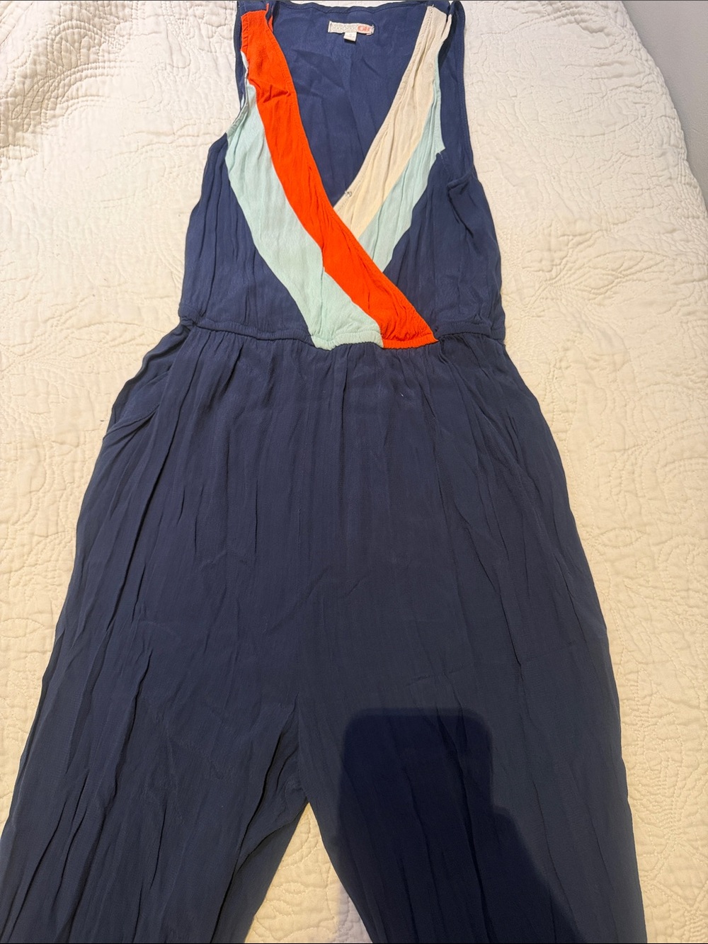 Gianni Bini Navy Jumpsuit with Orange, Mint and Cream V-Trim